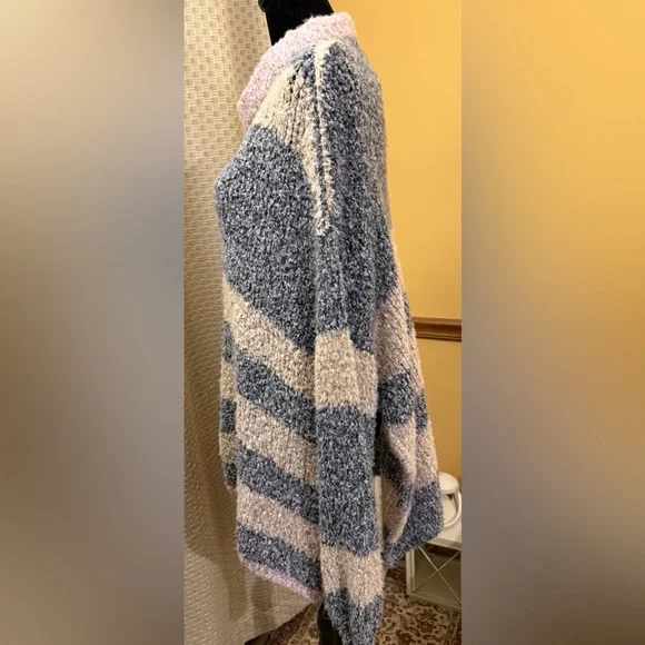 Free People BRB Blue Tan Oversized Side Slit Striped Tunic Sweater - Picture 3 of 8